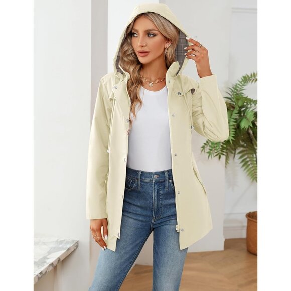 💫 Women Cream Waterproof Trench Coat Outdoor Hiking Lightweight Hooded Raincoat - Picture 4 of 5